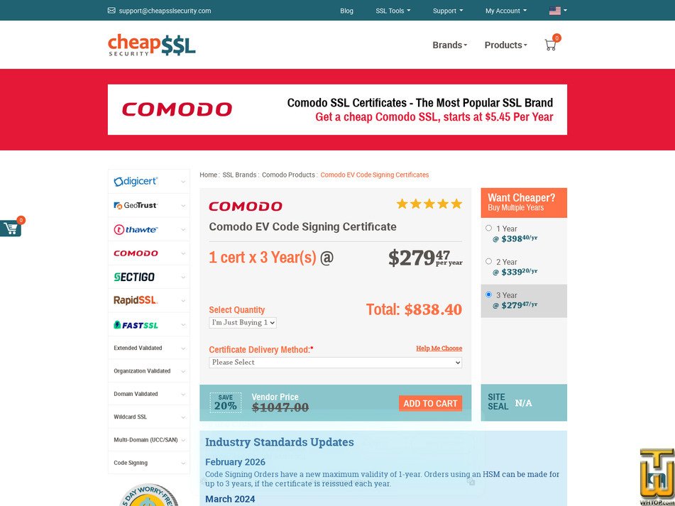 Taken on 17 April, 2026 screenshot of Comodo EV Code Signing Certificate from cheapsslsecurity.com