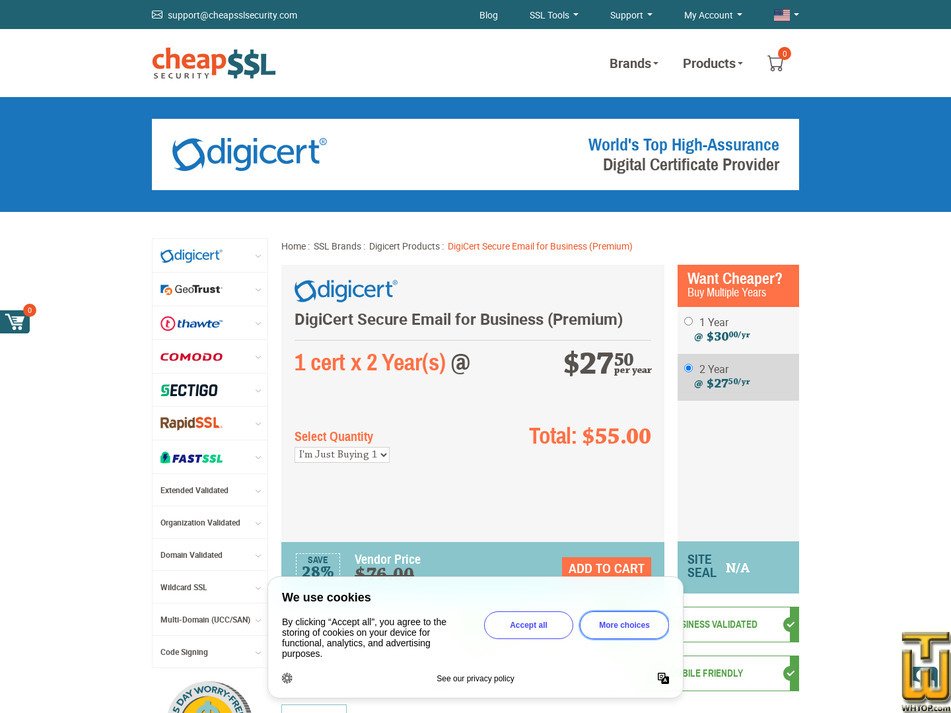 screenshot of DigiCert Secure Email for Business (Premium) from cheapsslsecurity.com