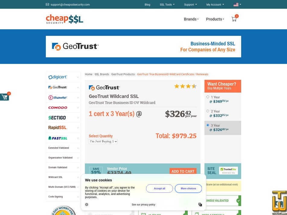 screenshot of GeoTrust True BusinessID Wildcard Certificate from cheapsslsecurity.com