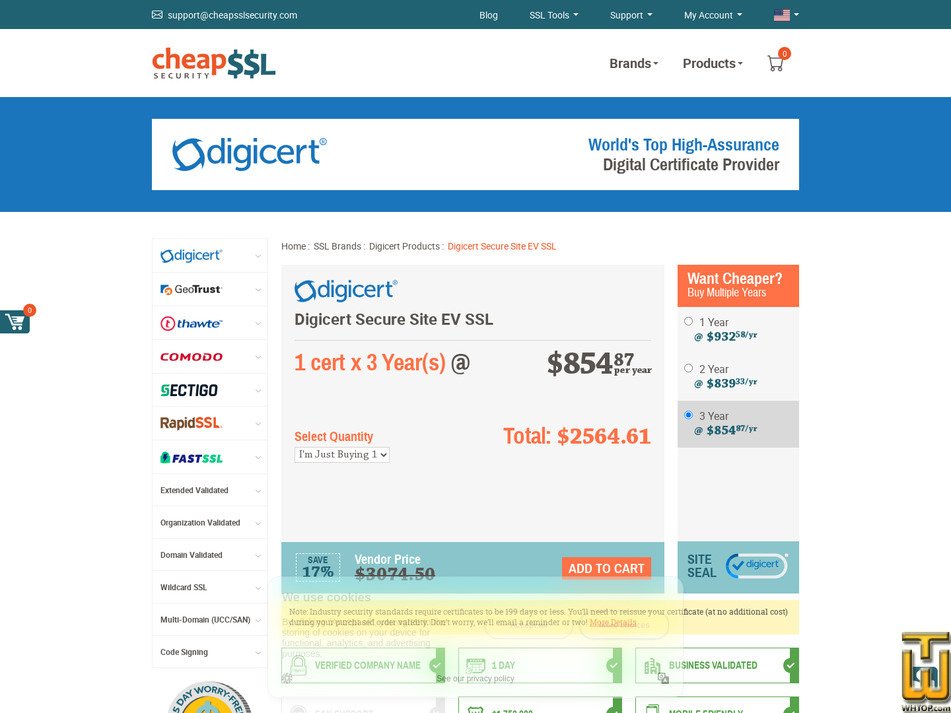 Taken on 17 April, 2026 screenshot of DigiCert Secure Site EV SSL from cheapsslsecurity.com