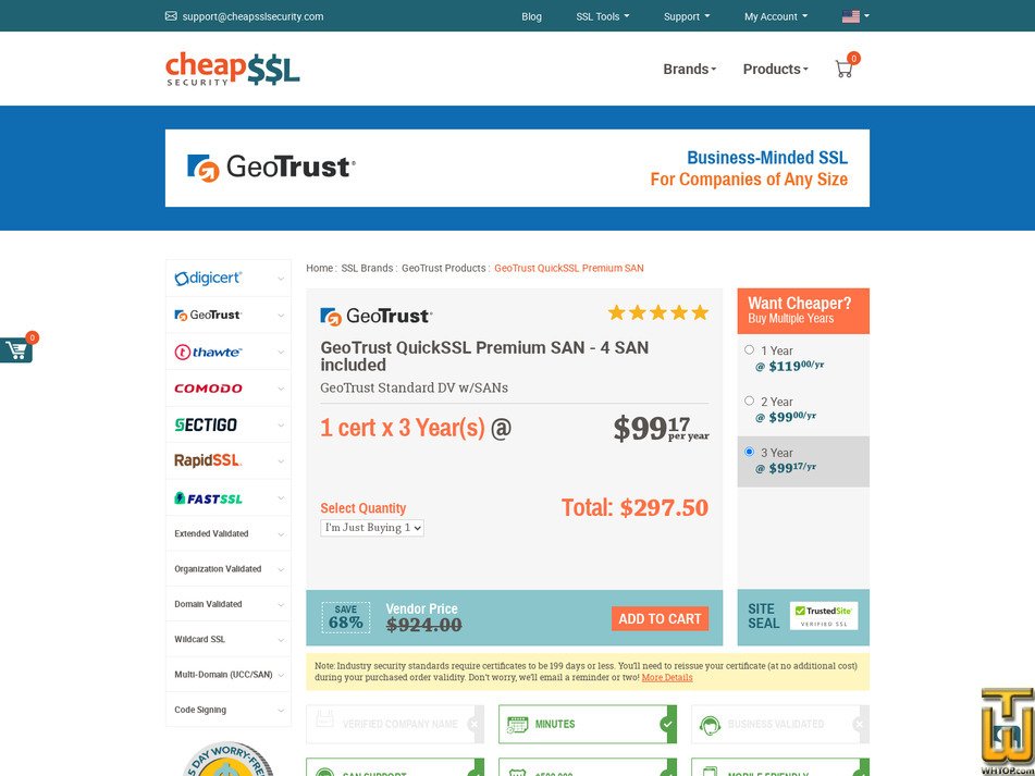 Taken on 17 April, 2026 screenshot of GeoTrust QuickSSL Premium SAN from cheapsslsecurity.com