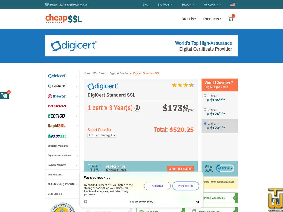 Taken on 17 April, 2026 screenshot of DigiCert Standard SSL from cheapsslsecurity.com