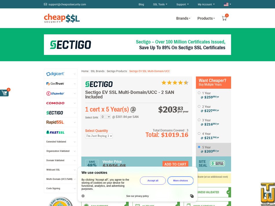 Taken on 17 April, 2026 screenshot of Sectigo EV SSL Multi-Domain/UCC from cheapsslsecurity.com