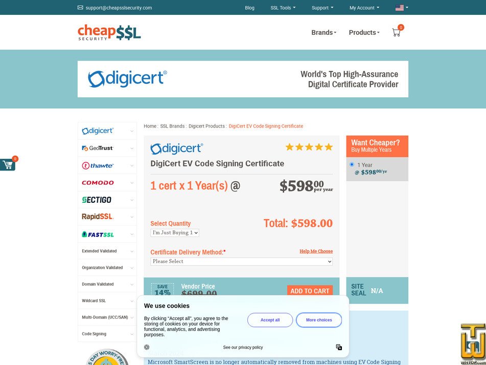 Taken on 17 April, 2026 screenshot of DigiCert EV Code Signing Certificate from cheapsslsecurity.com