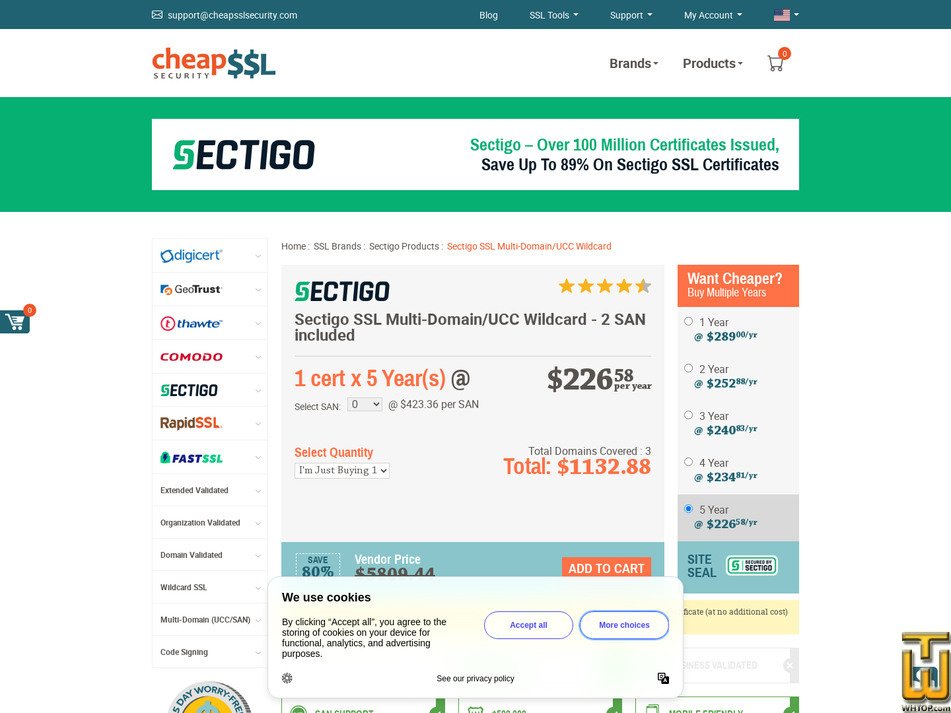 screenshot of Sectigo SSL Multi-Domain/UCC Wildcard from cheapsslsecurity.com