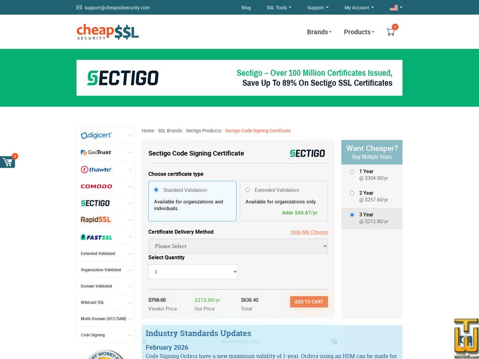 Taken on 17 April, 2026 screenshot of Sectigo Code Signing from cheapsslsecurity.com