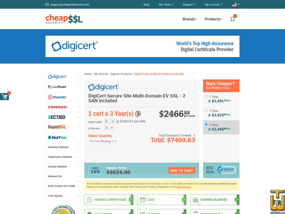 Taken on 17 April, 2026 screenshot of DigiCert Secure Site EV Multi-Domain SSL from cheapsslsecurity.com