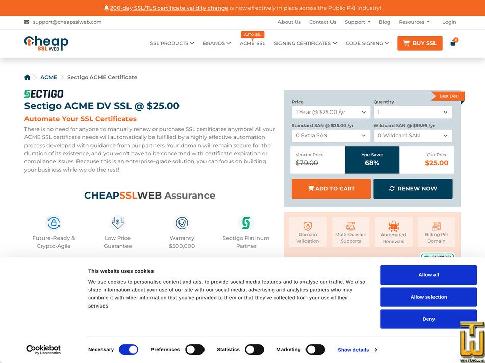 Taken on 21 July, 2026 screenshot of Sectigo ACME SSL from cheapsslweb.com
