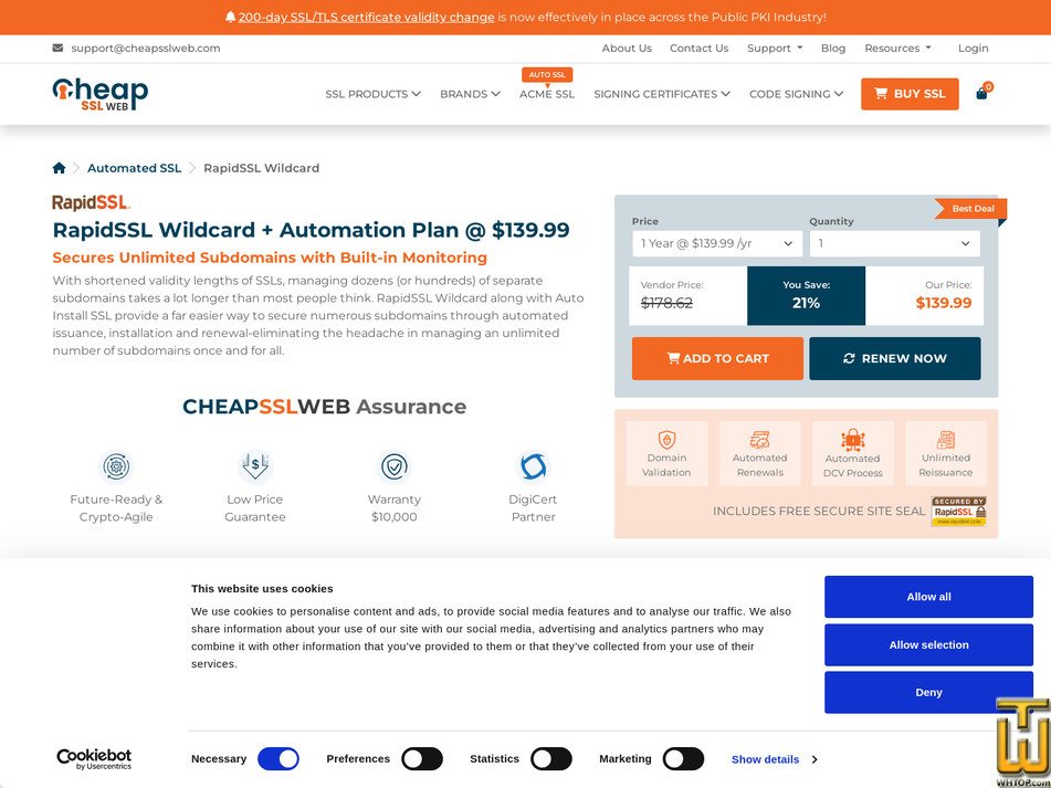 Taken on 21 July, 2026 screenshot of RapidSSL Wildcard + Automation Plan from cheapsslweb.com