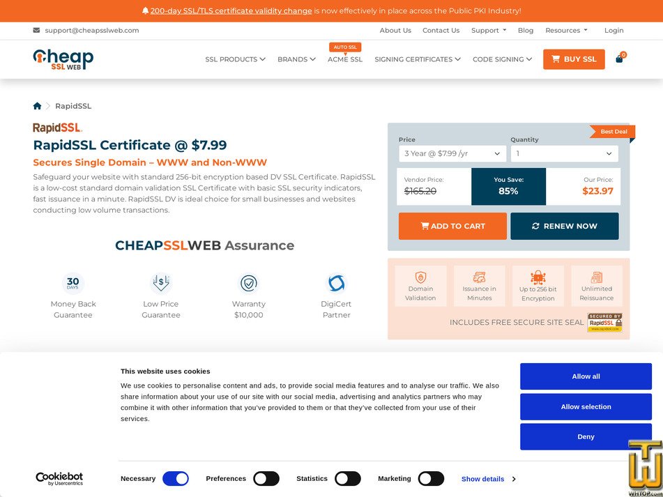 Taken on 21 July, 2026 screenshot of RapidSSL + Automation Plan from cheapsslweb.com