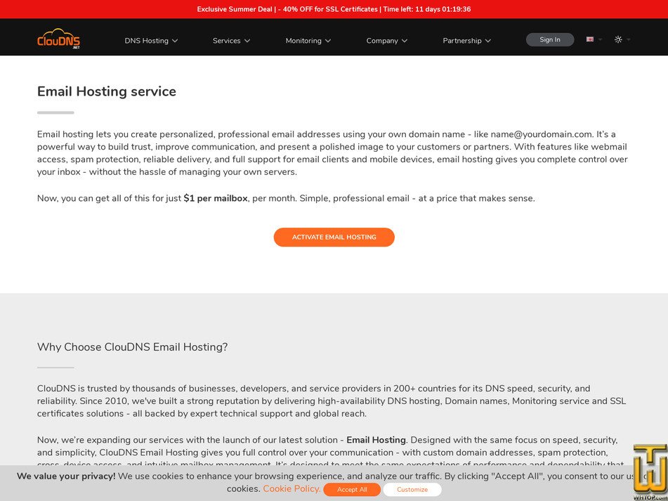 Taken on 19 June, 2026 screenshot of Email Hosting from cloudns.net