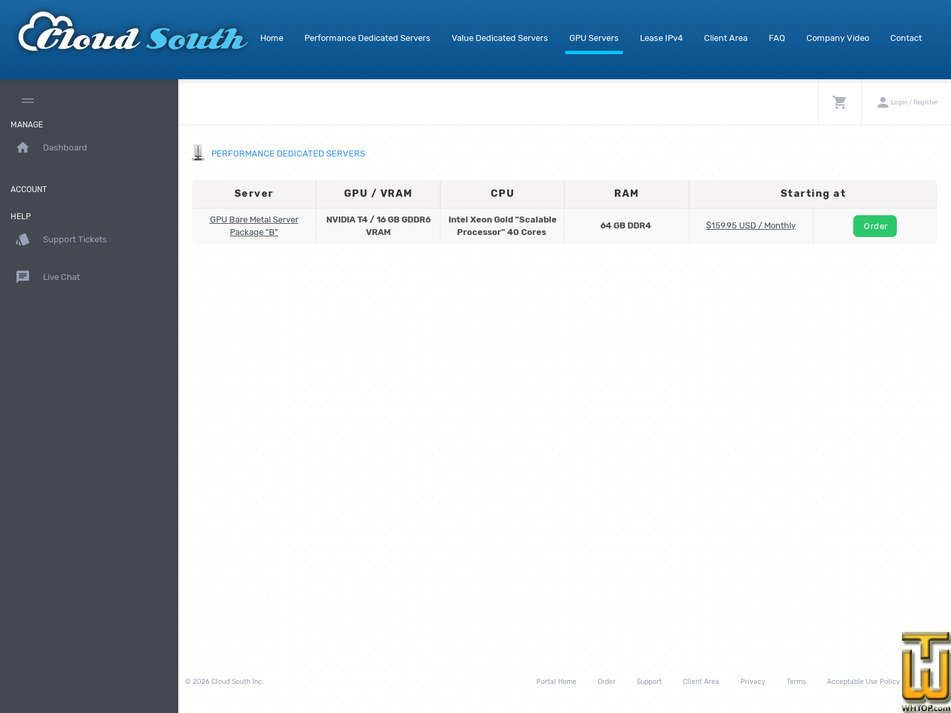 Taken on 24 August, 2026 screenshot of GPU Bare Metal Server Package B from cloudsouth.com