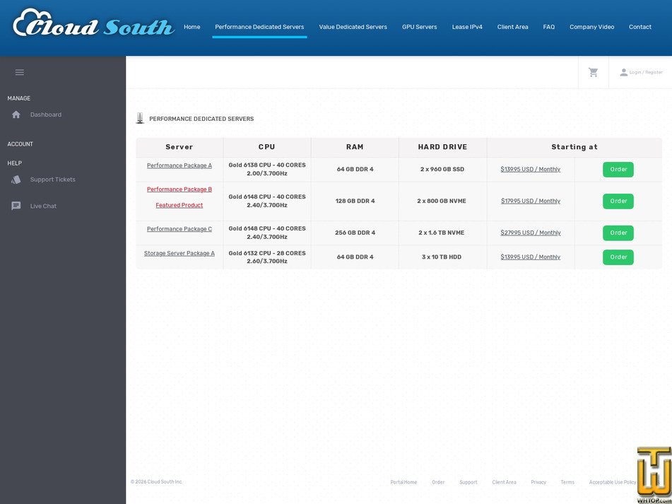Taken on 24 August, 2026 screenshot of Performance Package A from cloudsouth.com