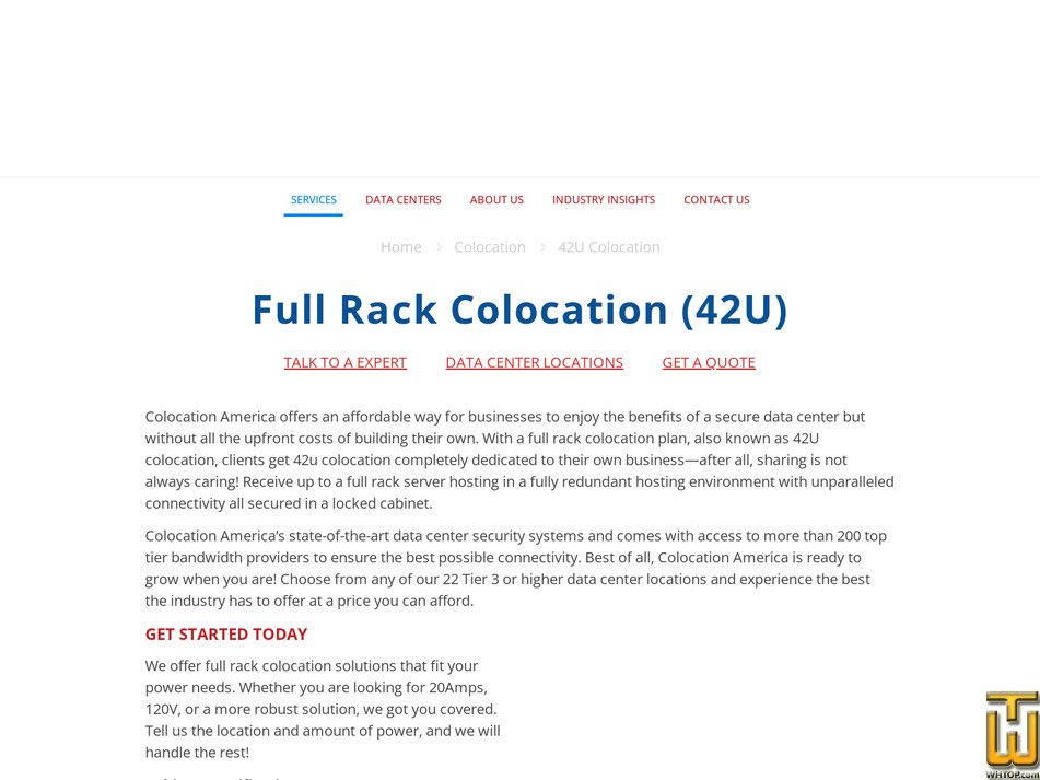 screenshot of 21U Server Colocation (1/2 Cabinet) from colocationamerica.com