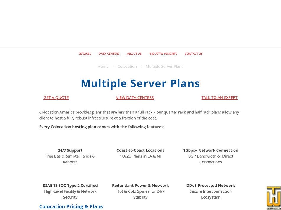 screenshot of 10U Server Colocation (1/4 Cabinet) from colocationamerica.com
