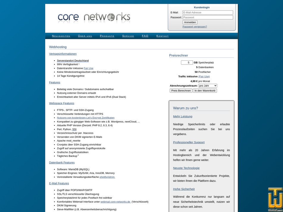 Taken on 29 July, 2026 screenshot of Webhosting from core-networks.de