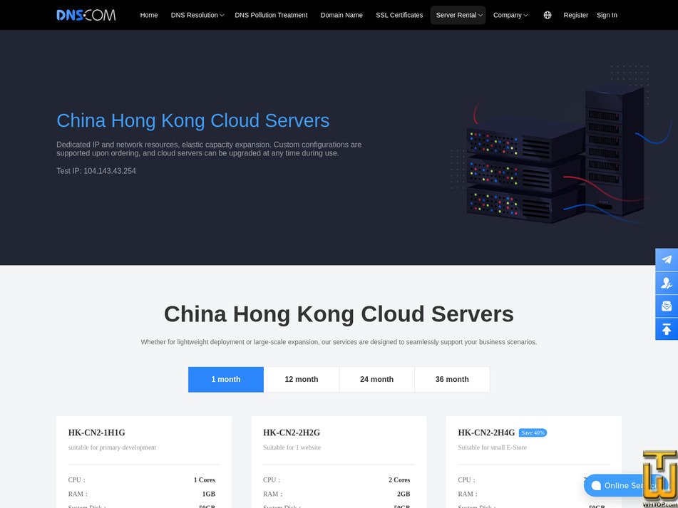 Taken on 27 July, 2026 screenshot of HK-CN2-1H1G from dns.com