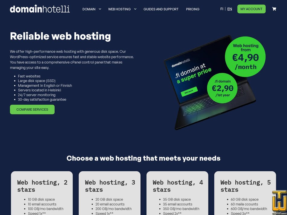 screenshot of Web hosting, 3 stars from domainhotelli.fi
