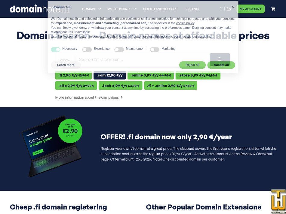 Taken on 16 February, 2026 screenshot of .COM Domain Registration from domainhotelli.fi