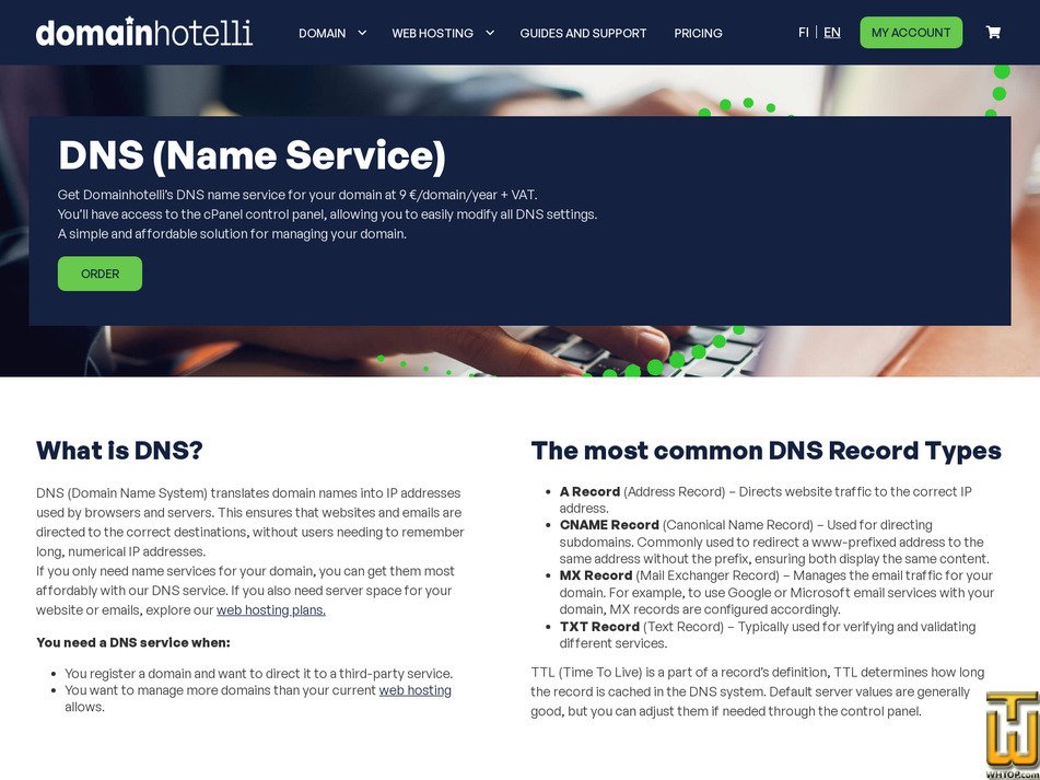screenshot of DNS (Name Service) from domainhotelli.fi