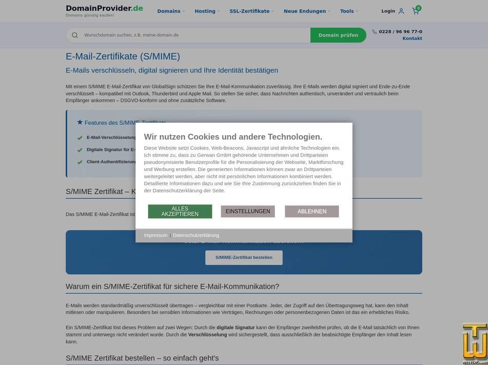 screenshot of GlobalSign PersonalSign Class 1 from domainprovider.de