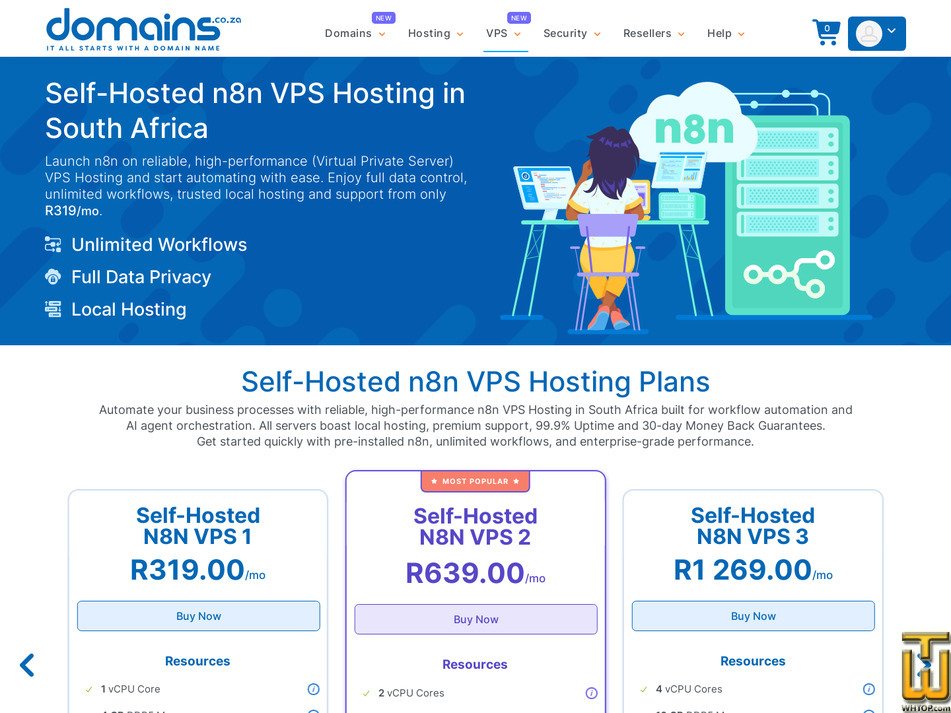 Taken on 29 July, 2026 screenshot of Self-Hosted n8n VPS 3 from domains.co.za