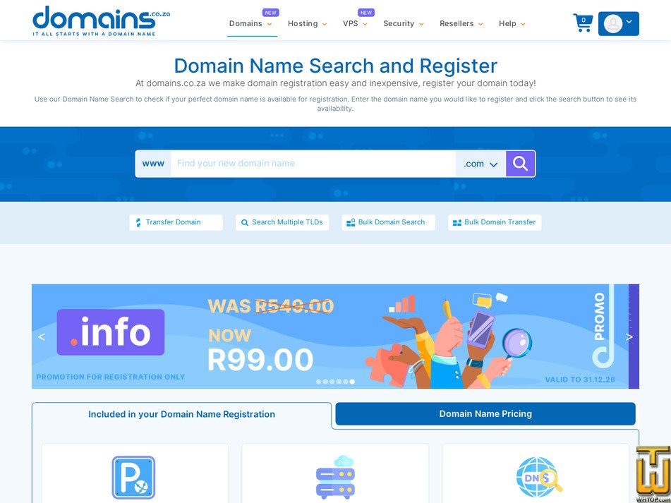 Taken on 30 July, 2026 screenshot of .COM from domains.co.za