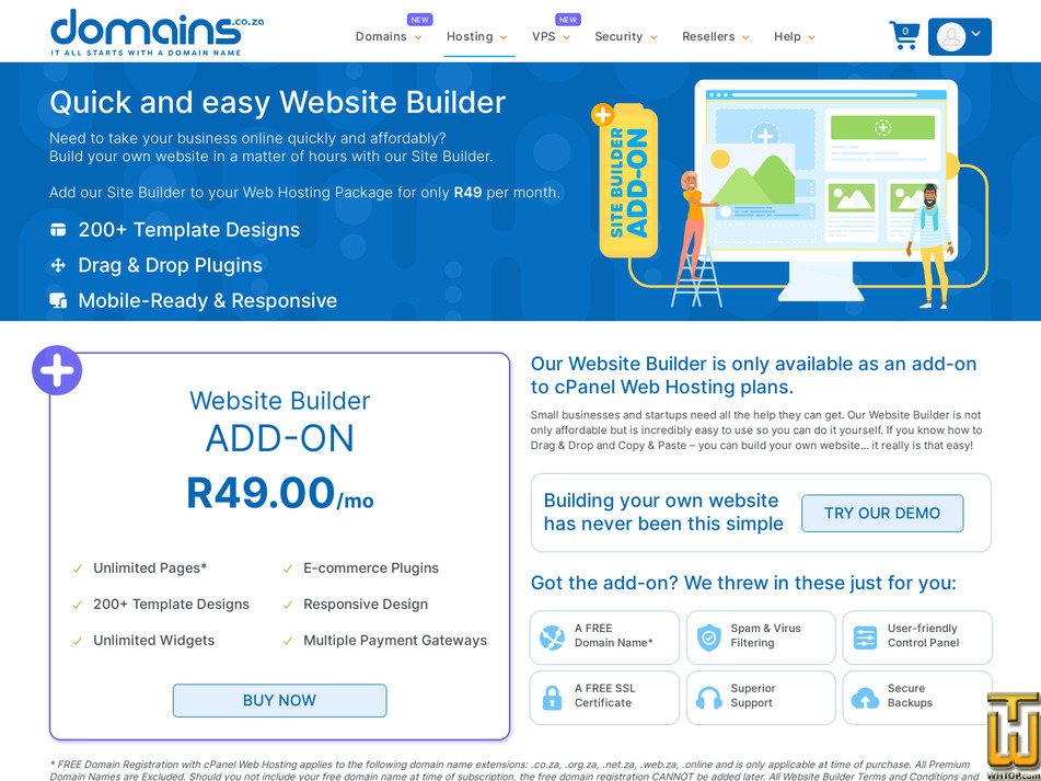 Taken on 2 August, 2026 screenshot of Website Builder Add-On from domains.co.za
