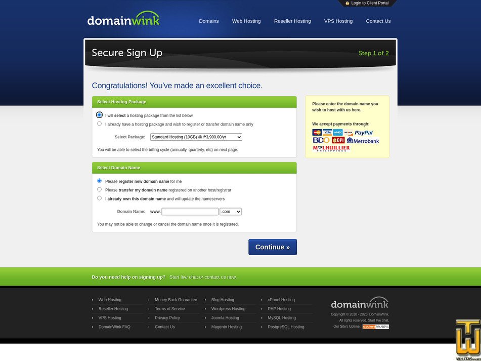 Taken on 10 August, 2026 screenshot of Business Hosting (100GB) from domainwink.com