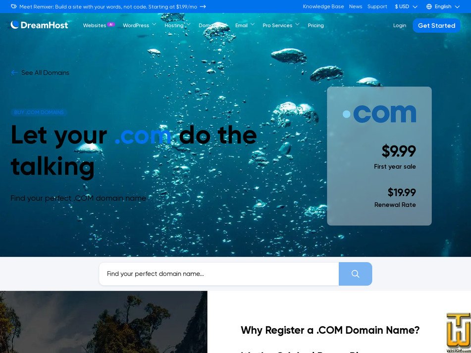 Taken on 21 April, 2026 screenshot of .com from dreamhost.com