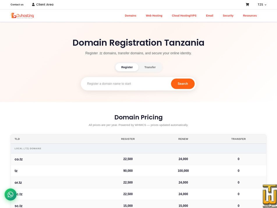 Taken on 16 March, 2026 screenshot of .tz Domain Registration from duhosting.tz
