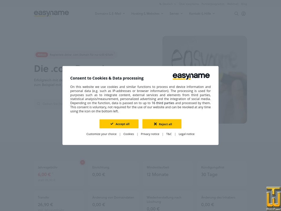 screenshot of .com from easyname.com