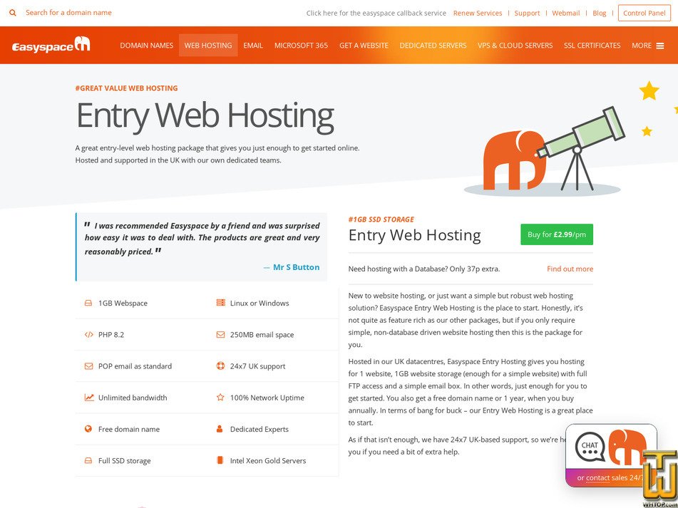 Taken on 23 March, 2026 screenshot of Entry Web Hosting from easyspace.com