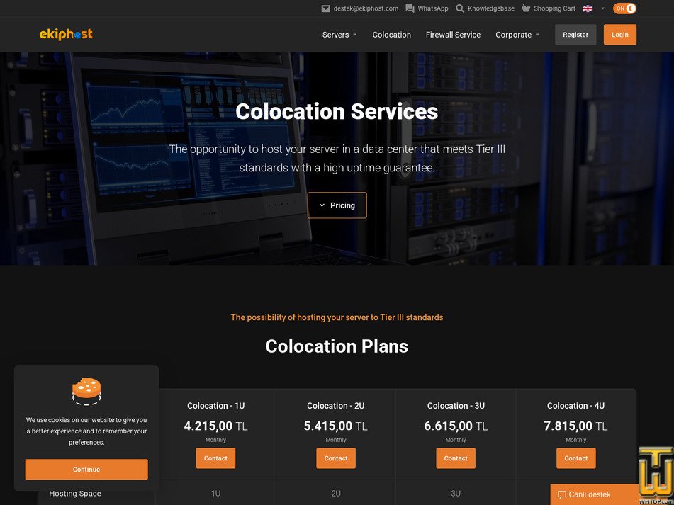 screenshot of Colocation - 2U from ekiphost.com
