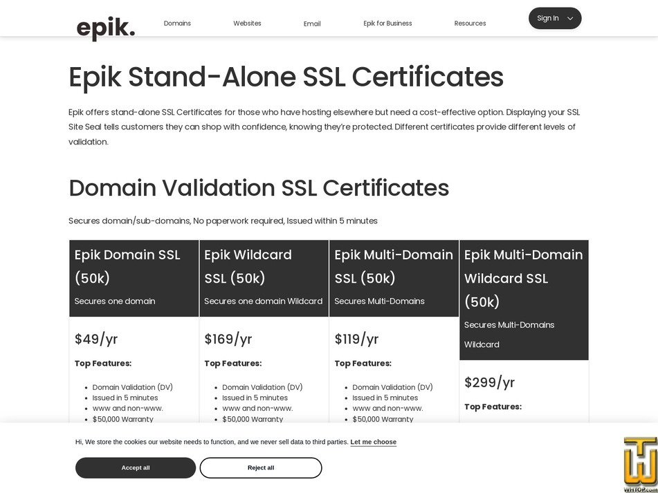 screenshot of Epik Enterprise Wildcard (250k) from epik.com
