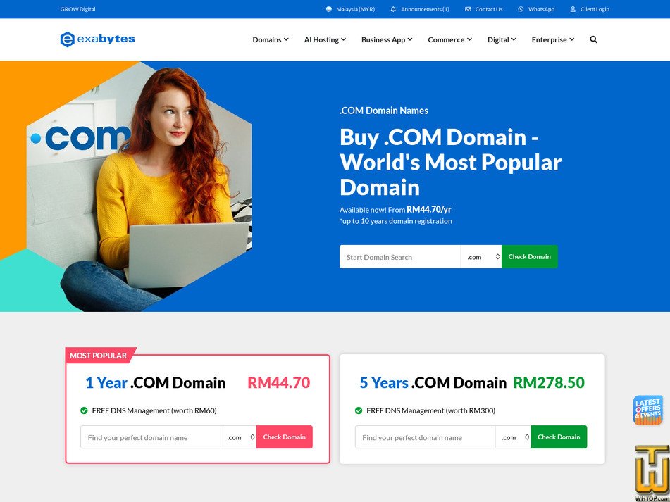 Taken on 18 February, 2026 screenshot of .COM Domain from exabytes.my