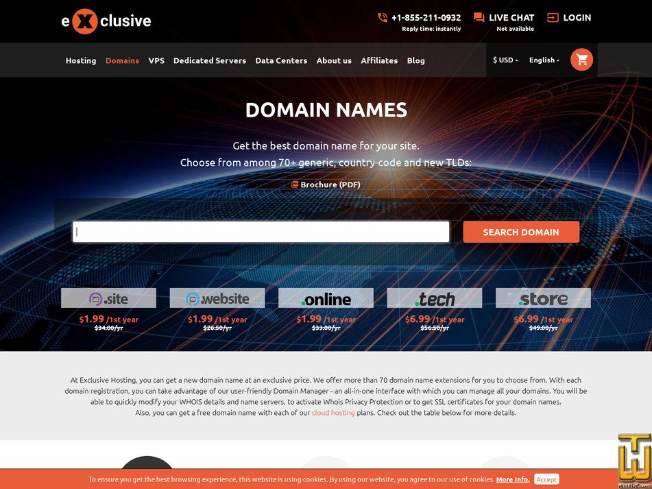 screenshot of .COM Domain Registration from exclusivehosting.net
