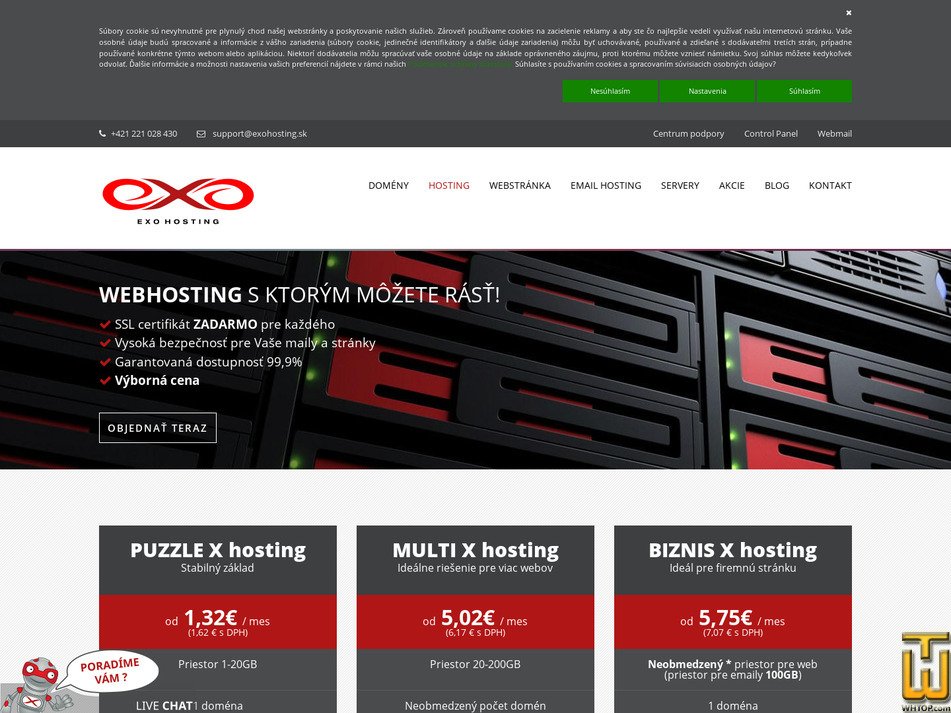 screenshot of BIZNIS X hosting from exohosting.sk