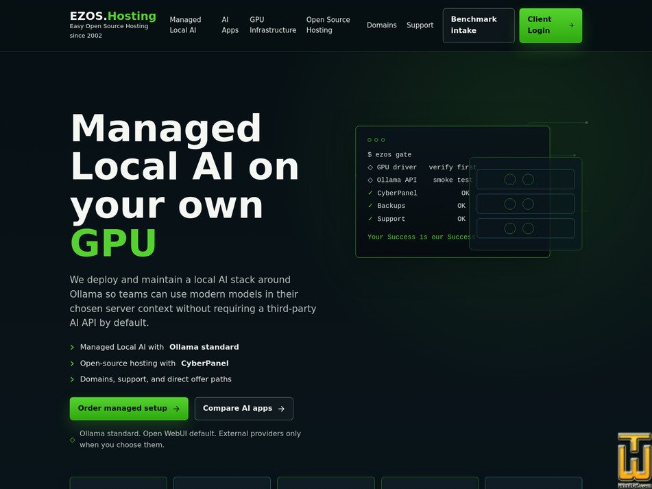 Taken on 1 July, 2026 screenshot of EZOS Local AI Managed from ezoshosting.com