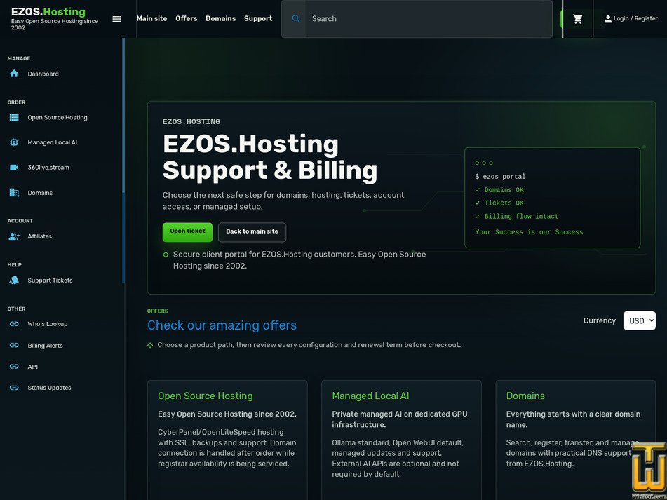 Taken on 2 July, 2026 screenshot of EZOS S from ezoshosting.com