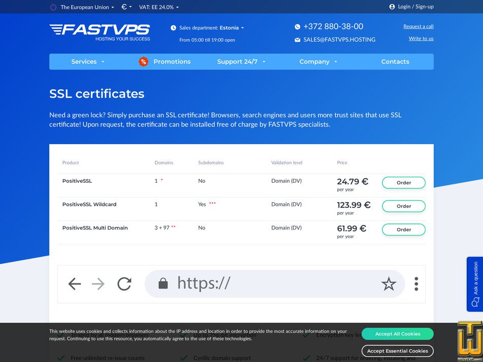 screenshot of PositiveSSL Multi Domain from fastvps.ru