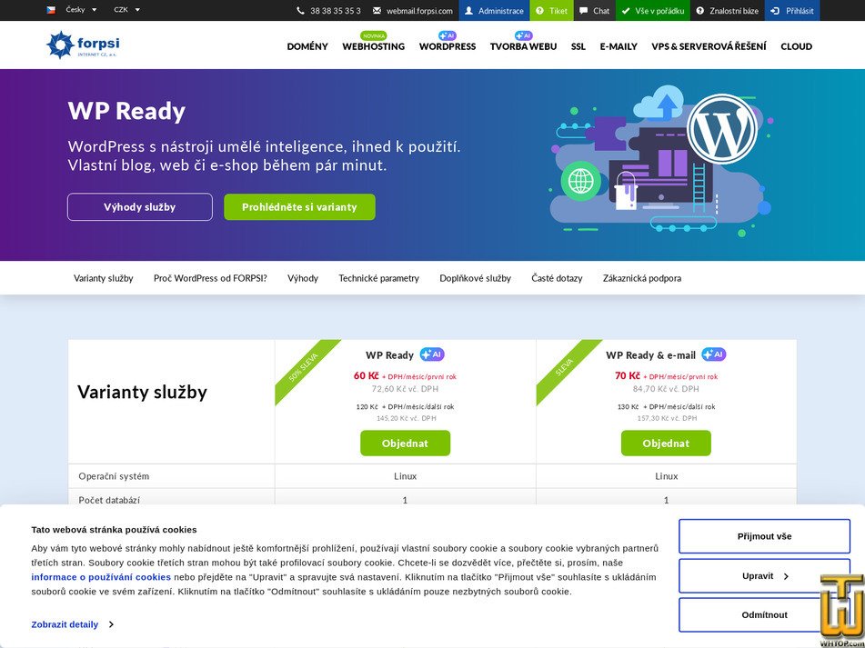screenshot of WP Ready &amp; e-mail from forpsi.com