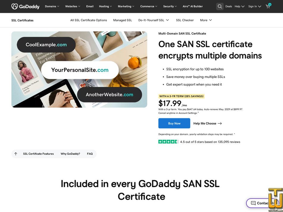 Taken on 11 May, 2026 screenshot of Multi-domain SAN SSL Certificate from godaddy.com
