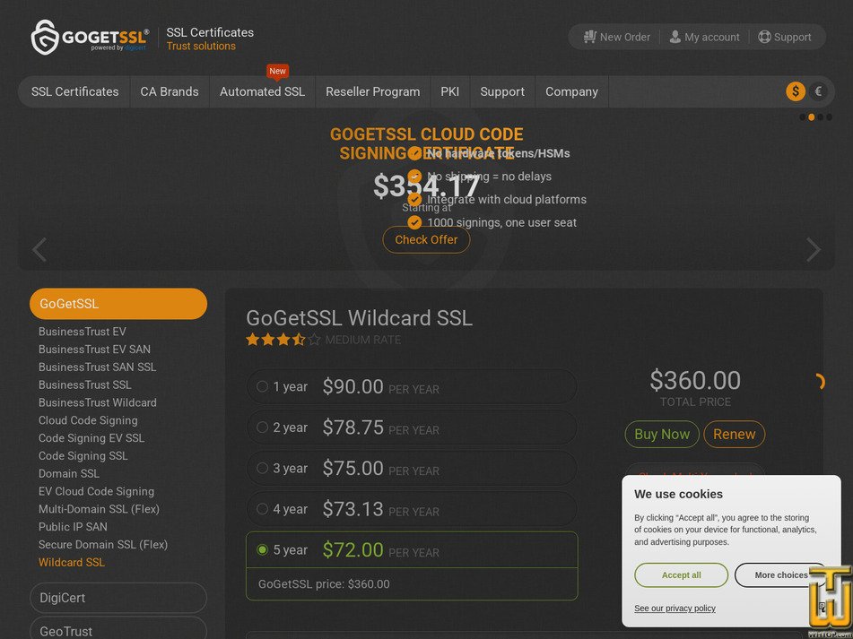 Taken on 15 July, 2026 screenshot of GoGetSSL Wildcard SSL from gogetssl.com