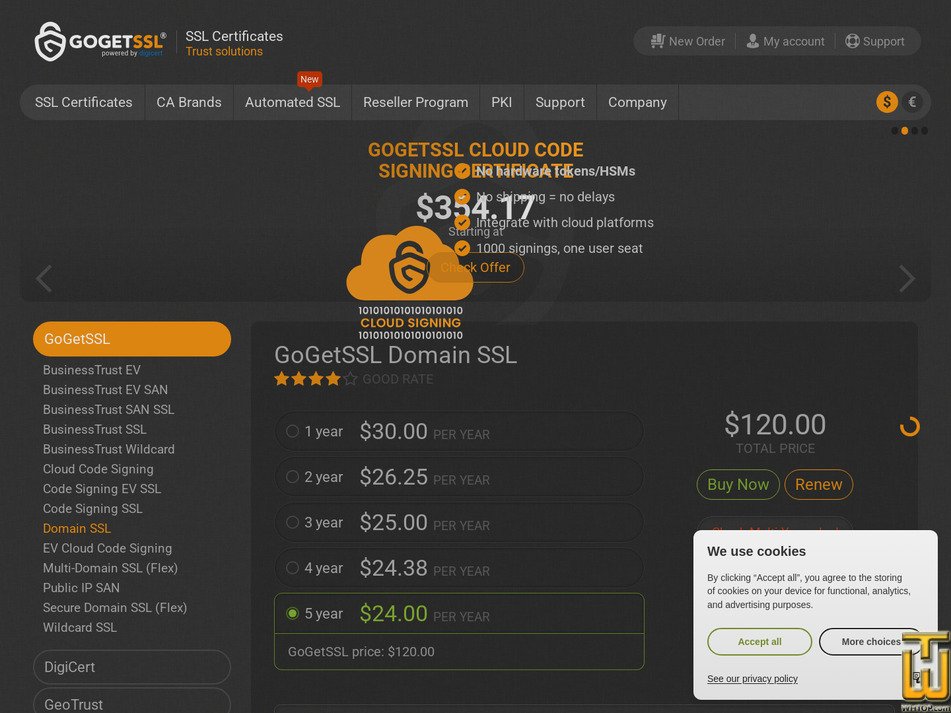 Taken on 15 July, 2026 screenshot of GoGetSSL Domain SSL from gogetssl.com