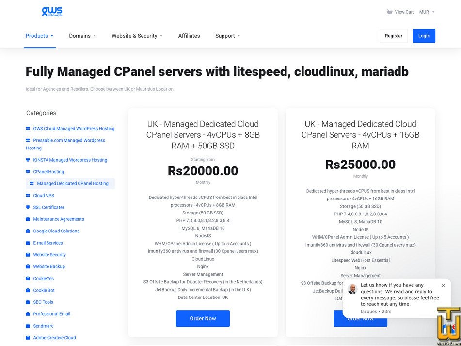 Taken on 3 October, 2026 screenshot of UK Managed Dedicated Cloud cPanel - 16vCPU 64GB 200GB from gws-technologies.com