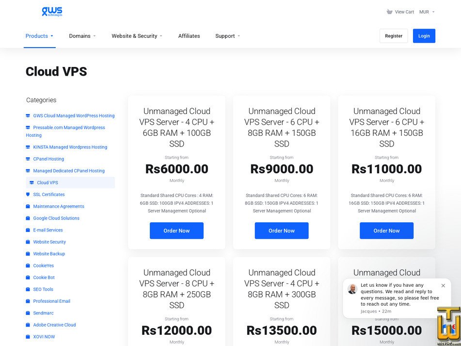 Taken on 3 October, 2026 screenshot of Unmanaged Cloud VPS - 16 CPU 64GB 500GB SSD from gws-technologies.com