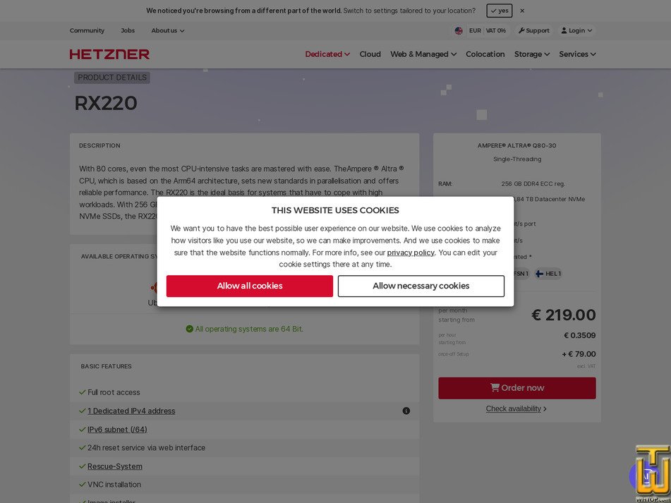 Taken on 13 February, 2026 screenshot of Root Server RX220 from hetzner.com