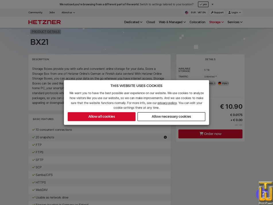 screenshot of Storage Box BX21 from hetzner.com