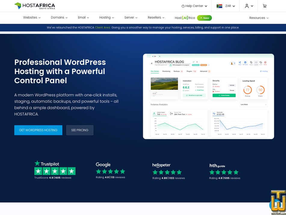 Taken on 17 July, 2026 screenshot of WordPress Power from hostafrica.co.za
